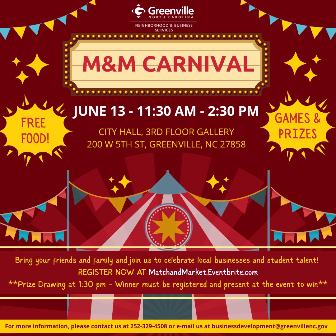Join the City of Greenville Neighborhood &amp; Business Services Department for their Match &amp; Market Carnival happening on Friday, June 13th from 11:30 AM - 2:30 PM in the 3rd Floor Gallery of City Hall located at 200 W 5th St. nextdoor.com/city/post/4005… via <a href="/Nextdoor/">Nextdoor</a>
