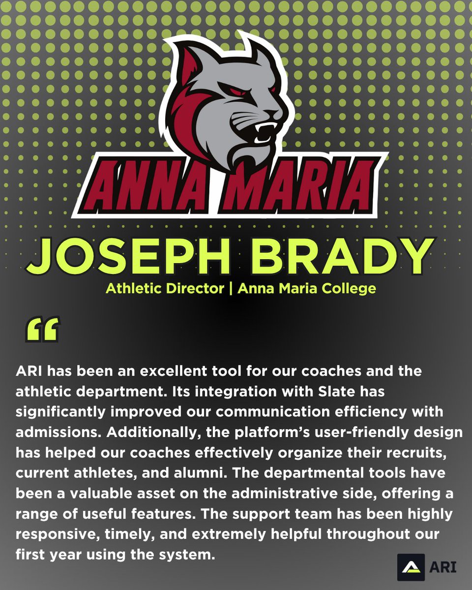 ARI Athletics (@_ariathletics) on Twitter photo Partner Spotlight: Joseph Brady | <a href="/goAMCATS_AD/">Joseph Brady</a> / <a href="/goAMCATS/">Anna Maria College Athletics</a>
"The support team has been highly responsive, timely, and extremely helpful throughout our first year using the system" Partner Spotlight: Joseph Brady | <a href="/goAMCATS_AD/">Joseph Brady</a> / <a href="/goAMCATS/">Anna Maria College Athletics</a>
"The support team has been highly responsive, timely, and extremely helpful throughout our first year using the system"
