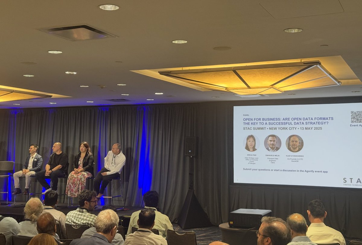 QuestDb's tweet image. At the STAC Summit, our CTO Vlad Ilyushchenko joined industry leaders from JPMorgan and Talos to discuss how open data formats drive real-time performance in Capital Markets. From lightning-fast market data processing to seamless interoperability—this is the future #openformat