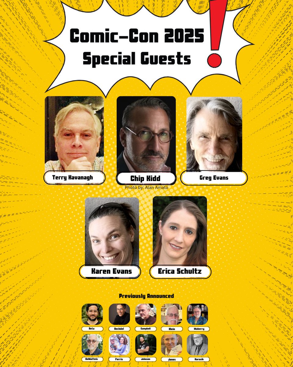 Announcing the Third Wave of Comic-Con 2025 Guests! In addition to the 10 names announced previously, Comic-Con is pleased to welcome Terry Kavanagh, Chip Kidd, Greg Evans, Karen Evans, and Erica Schultz as Special Guests for 2025! bit.ly/4jVLK88