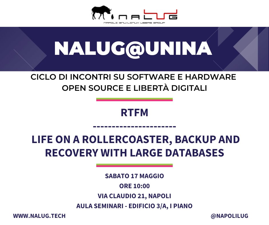 Sabato 17 maggio si terrà l’incontro dalle ore 10:00 presso l’Aula Seminari del DIETI dell’Università Federico II in Via Claudio 21 – Edificio 3/A, I Piano.
nalug.tech/nalugunina-sab…
#opensource #postgresql #linux #dba #rtfm #backup