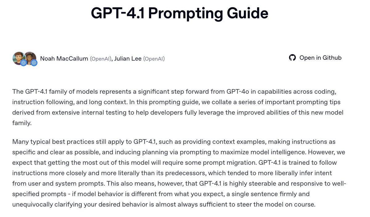 OpenAI just open-sourced the playbook:
✅ how to control behavior
✅ when to use function calling
✅ system prompt design
✅ memory-aware prompting

Start here → cookbook.openai.com/examples/gpt4-…