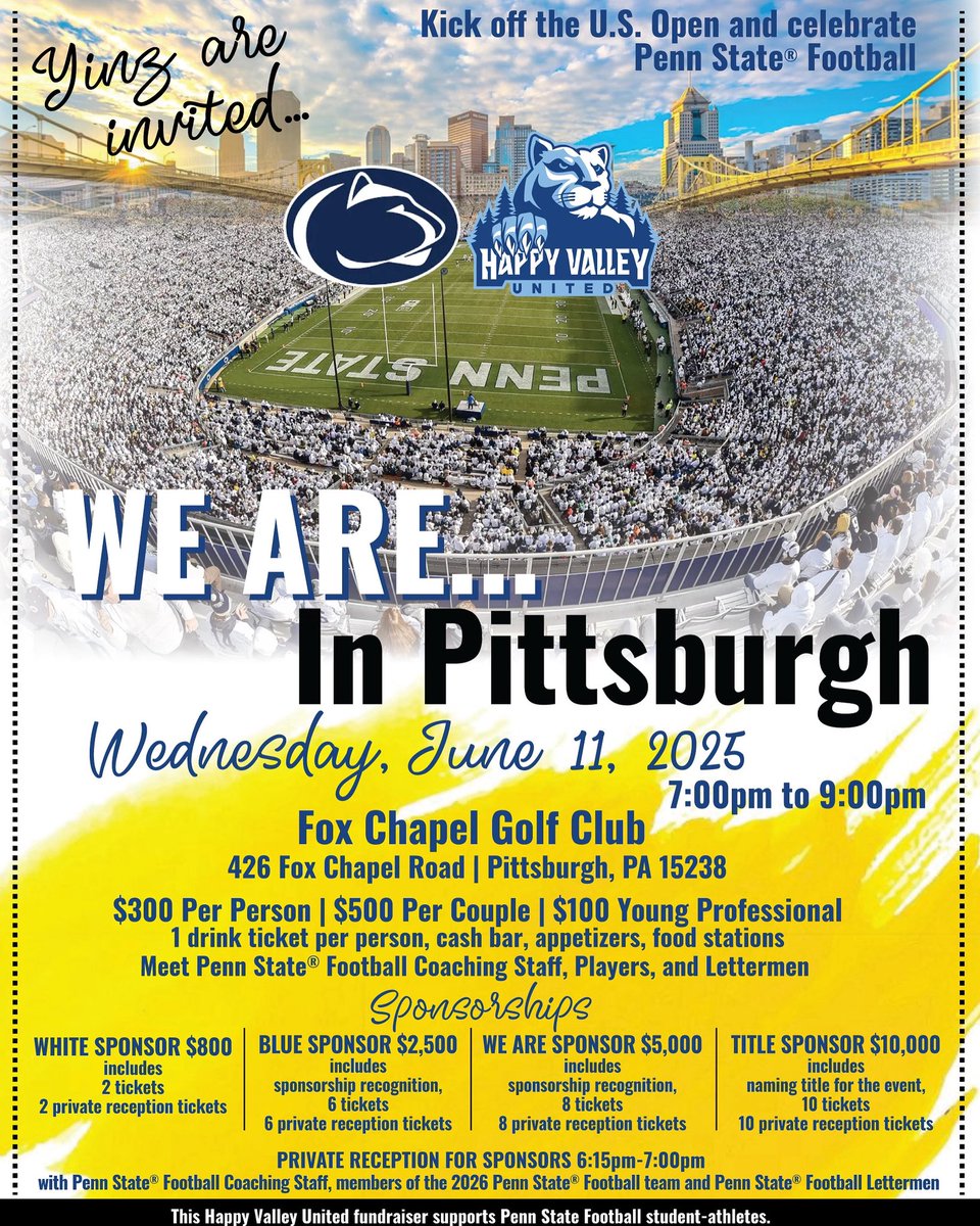 Happy Valley United (@happyvalleyutd) on Twitter photo Next Stop… Pittsburgh 👏
Join us at the Fox Chapel Golf Club on June 11 from 7-9 PM to celebrate <a href="/PennStateFball/">Penn State Football</a> & the kick off of the U.S. Open 🤝
Click the links below to purchase tickets and to bid on our auction items👇
Register: charity.pledgeit.org/Pittsburgh
Auction: Next Stop… Pittsburgh 👏
Join us at the Fox Chapel Golf Club on June 11 from 7-9 PM to celebrate <a href="/PennStateFball/">Penn State Football</a> & the kick off of the U.S. Open 🤝
Click the links below to purchase tickets and to bid on our auction items👇
Register: charity.pledgeit.org/Pittsburgh
Auction: