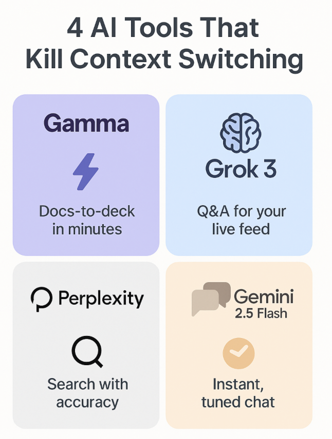 Tired of switching tabs, digging through docs, and losing your flow?

These 4 AI tools are redefining productivity:
 ⚡ Gamma - async slides that write themselves
🧠 Grok 3 - live feed with brainpower
🔍 Perplexity —-search that actually answers
💬 Gemini 2.5 Flash -