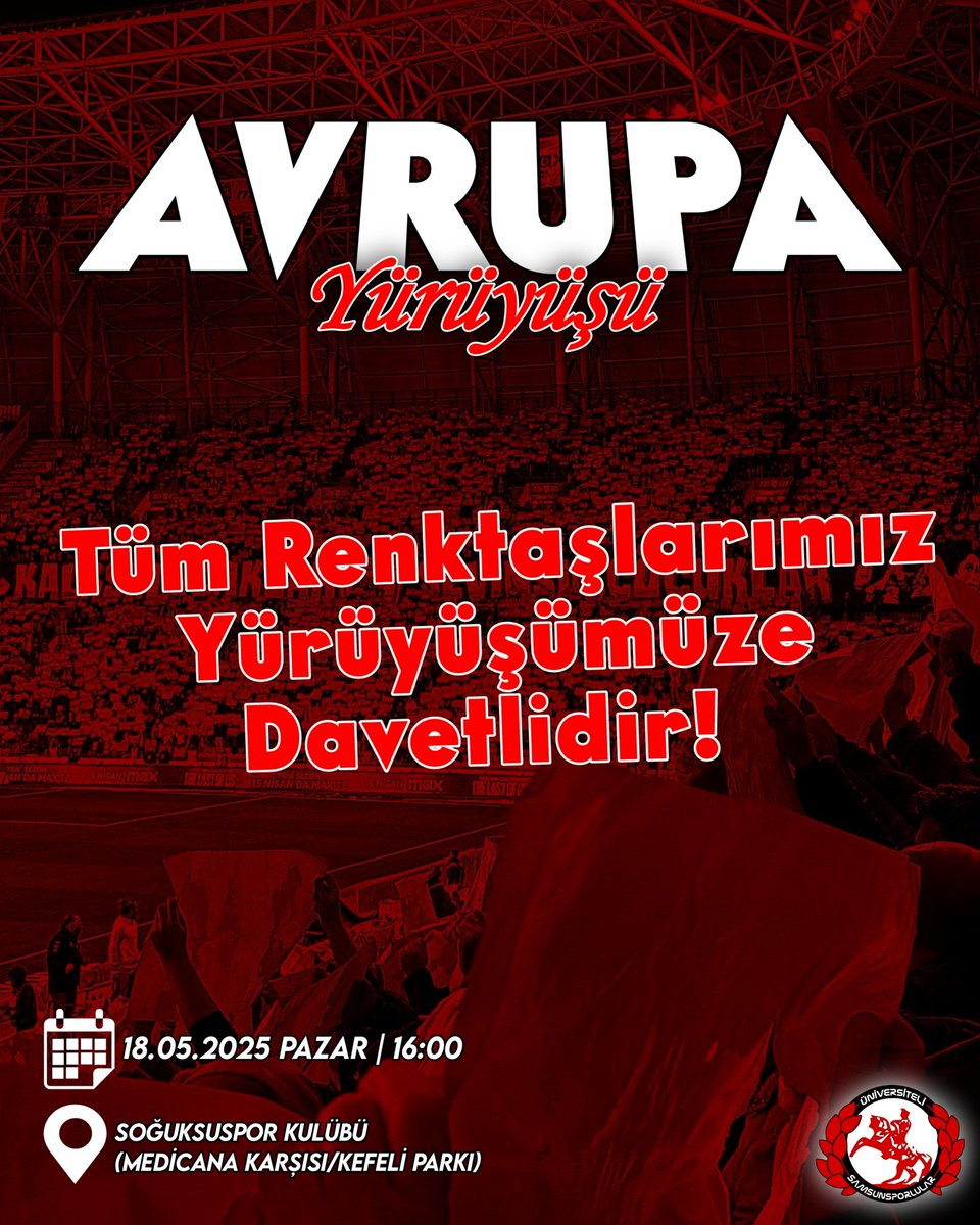 TÜM TARAFTARLARIMIZ ADIM ADIM AVRUPA'YA YÜRÜYÜŞÜMÜZE DAVETLİDİR. 

🗓️ 18.05.2025 Pazar | 16:00 
📍Soğuksuspor Kulüp Binası (Medicana Karşısı/Kefeli Parkı)

#ÜniSam #KuzeyKale #LiseSam