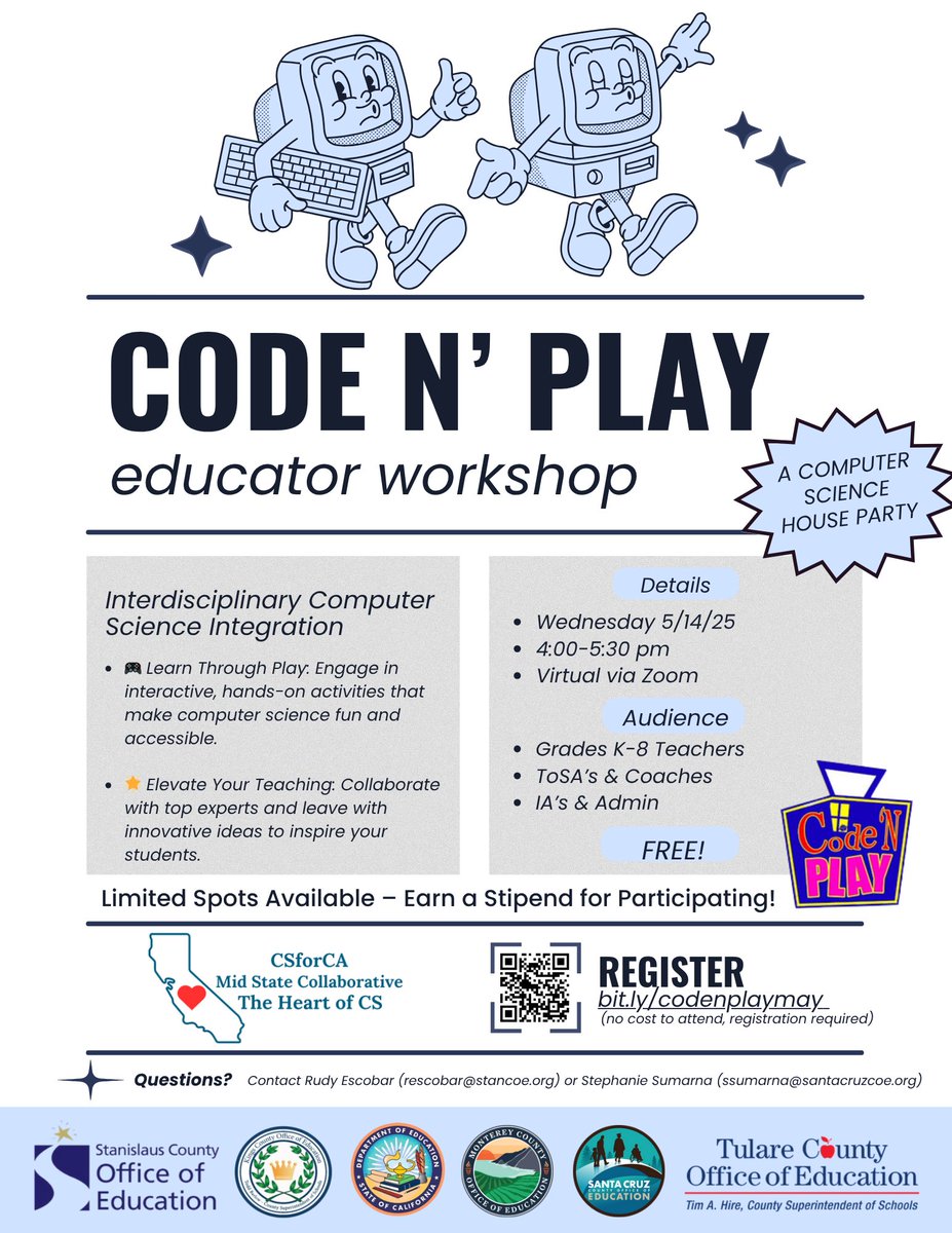Join us today for our regional Code N' Play! There is still room.  #SeasonsOfCS
Register: bit.ly/codenplaymay
(no cost to attend, registration required)