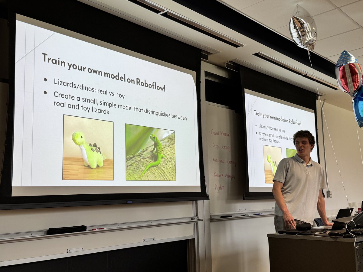 CantayCaliskan's tweet photo. In Part II of today’s talk by Timothy Loftus, we are introducing our students the @roboflow platform and its capabilities. We are training an object classification model to differentiate between pictures of toy lizards and real lizards. #SICSS #Day3 https://t.co/Th1VSxclNt