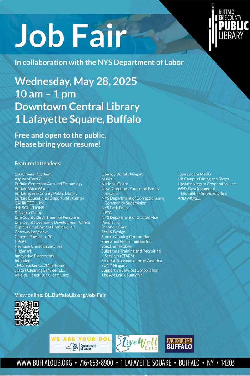📣 Save the Date: Wednesday, May 28, 2025!

Looking for your next career opportunity? Join us for the Customized Resource Job Fair in collaboration with Workforce Buffalo, the New York State Department of Labor, and Live Well Erie!

See flyer for details!
