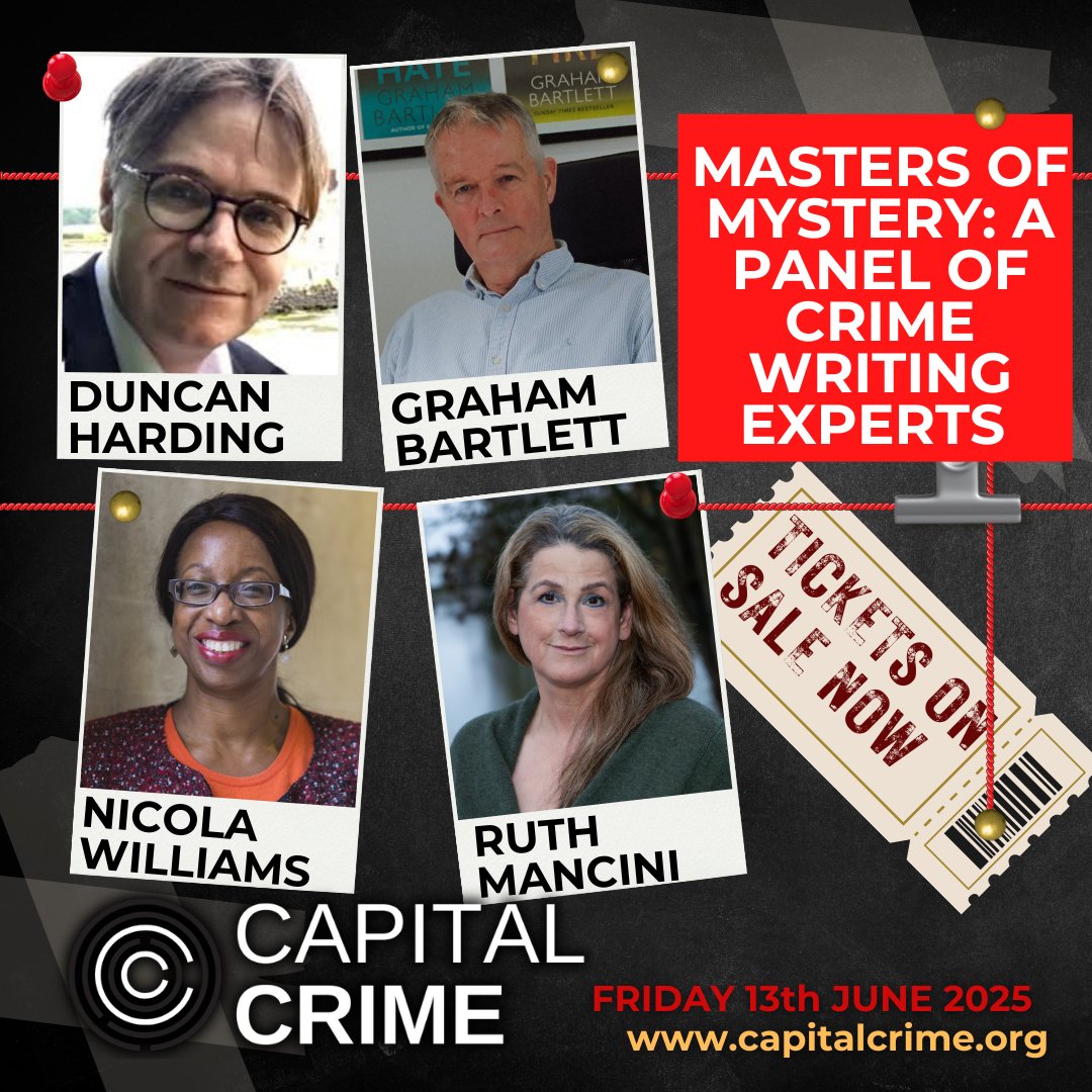 Masters of Mystery 🕵️ a panel of #crimewriting experts, with Dr Duncan Harding (forensic psychologist), Graham Bartlett (police) and Nicola Williams (practising Judge) in conversation with criminal defence lawyer, Ruth Mancini.

Secure your tickets: capitalcrime.org/tickets/p/yofb…