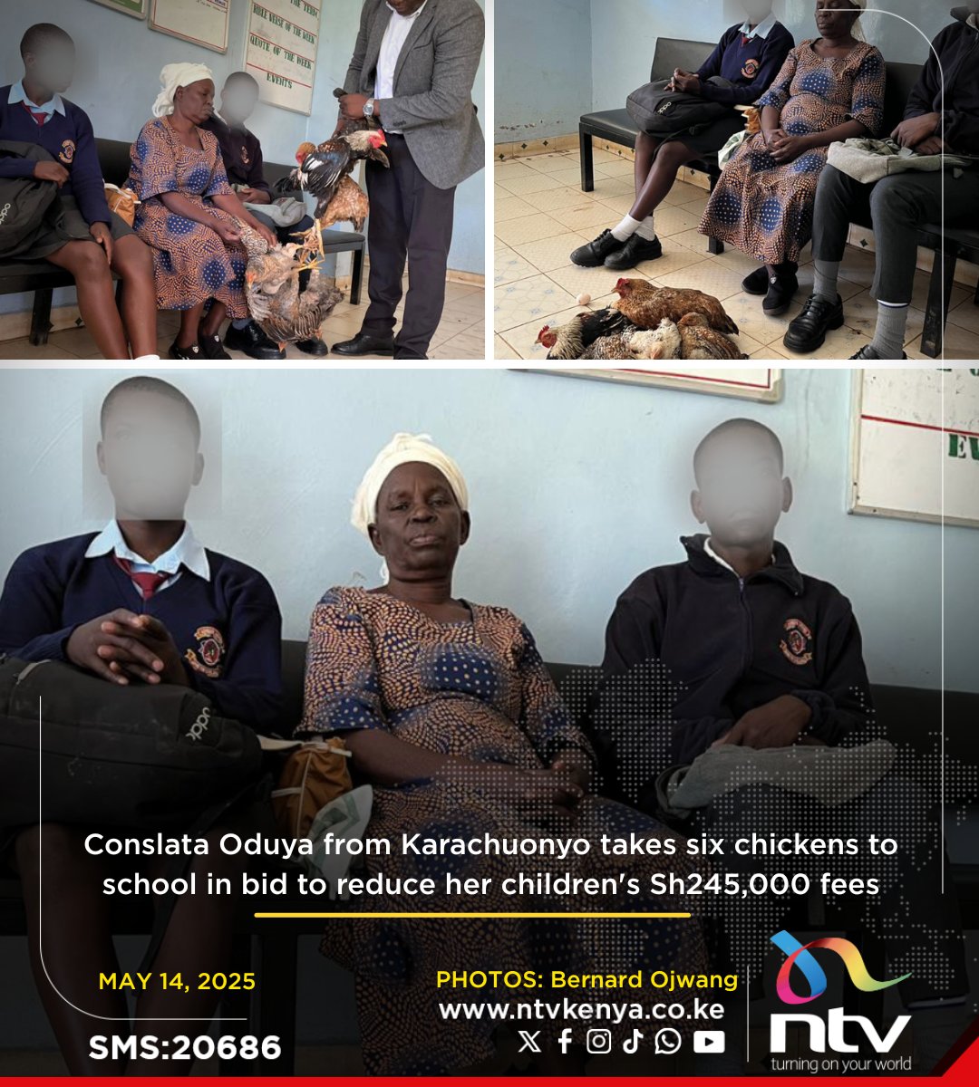 ntvkenya's tweet image. Parent at Adiedo Mixed Secondary School in Homa Bay takes six chickens to school to reduce her children's Sh245,000 outstanding fees