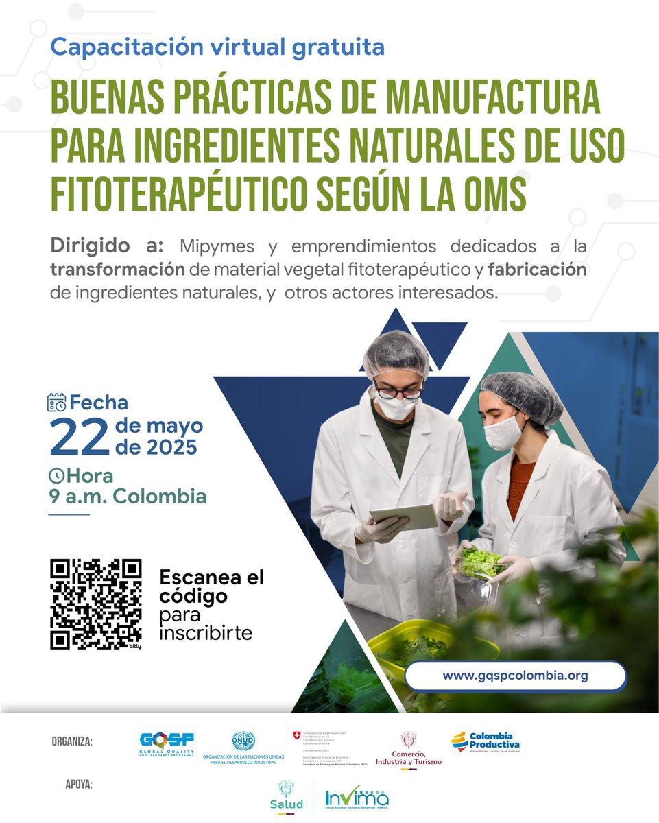 ¿Procesas ingredientes naturales para uso fitoterapéutico? 🌱 Aprende a aplicar las #BPM de la #OMS y mejora la calidad de tu producción.     

📆 22 de mayo – 9:00 a.m.
🧑‍💻 Capacitación virtual y gratuita

Inscríbete aquí. bit.ly/cpbpm
