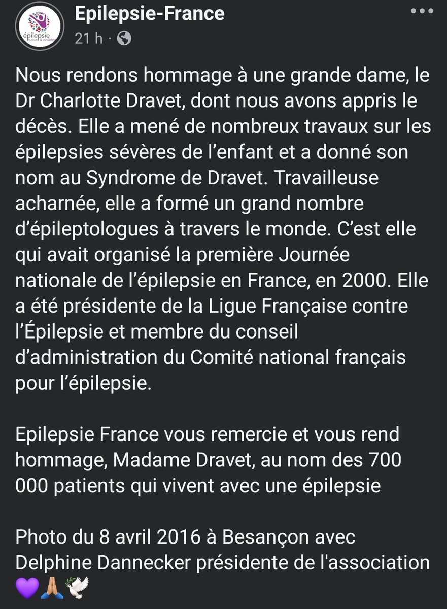Nous rendons hommage à une grande dame, le Dr Charlotte Dravet, dont nous avons appris le décès. Elle a mené de nombreux travaux sur les épilepsies sévères de l’enfant et a donné son nom au Syndrome de Dravet. Elle a formé un grand nombre d’épileptologues à travers le monde 💜