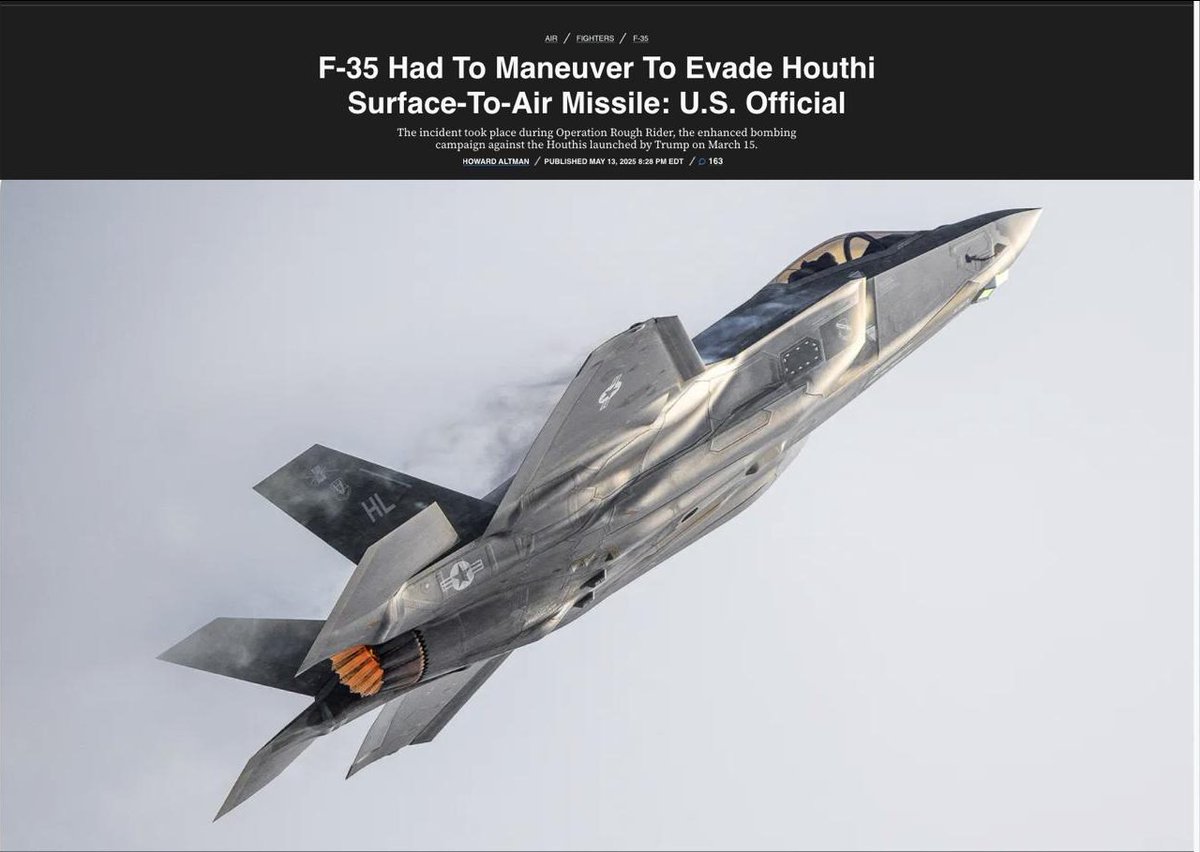 LibertyAngelUSA's tweet image. @POTUS 
NOT COOL
A #US #F35 had to take #evasive #maneuvers to avoid #houthisareterrorists  SAM missiles.

“They got close enough that the [F-35] had to maneuver,” the official said.

Source: TWZ