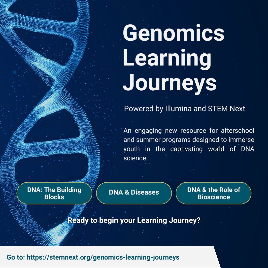 Spark curiosity and critical thinking with Genomics Learning Journeys by <a href="/STEMNext/">STEM Next</a> and <a href="/illumina/">Illumina</a>!

Free, hands-on DNA science activities are available for afterschool and summer programs.

Explore today: bit.ly/43XlSUn. #STEMLearning #Genomics