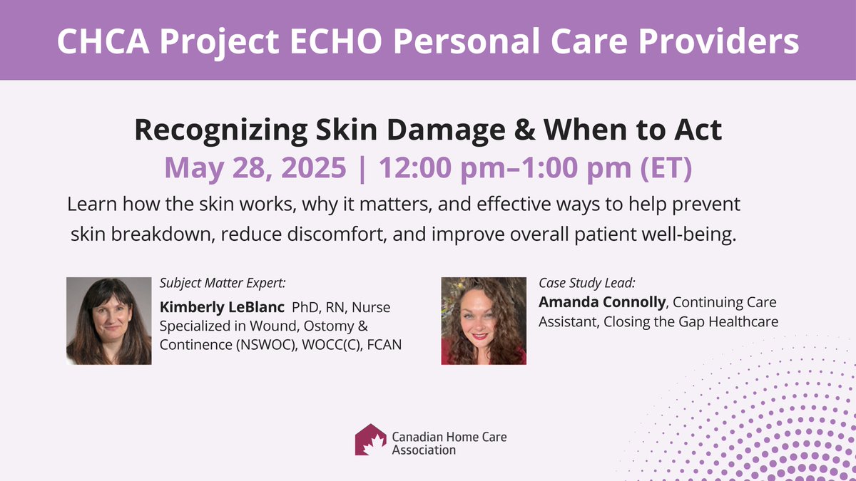 CdnHomeCare's tweet image. Personal care providers are often the first to observe changes in skin health and are uniquely positioned to support early identification and intervention.
This TeleECHO session on early detection of skin damage is the second in a 3-part series for personal care providers,…
