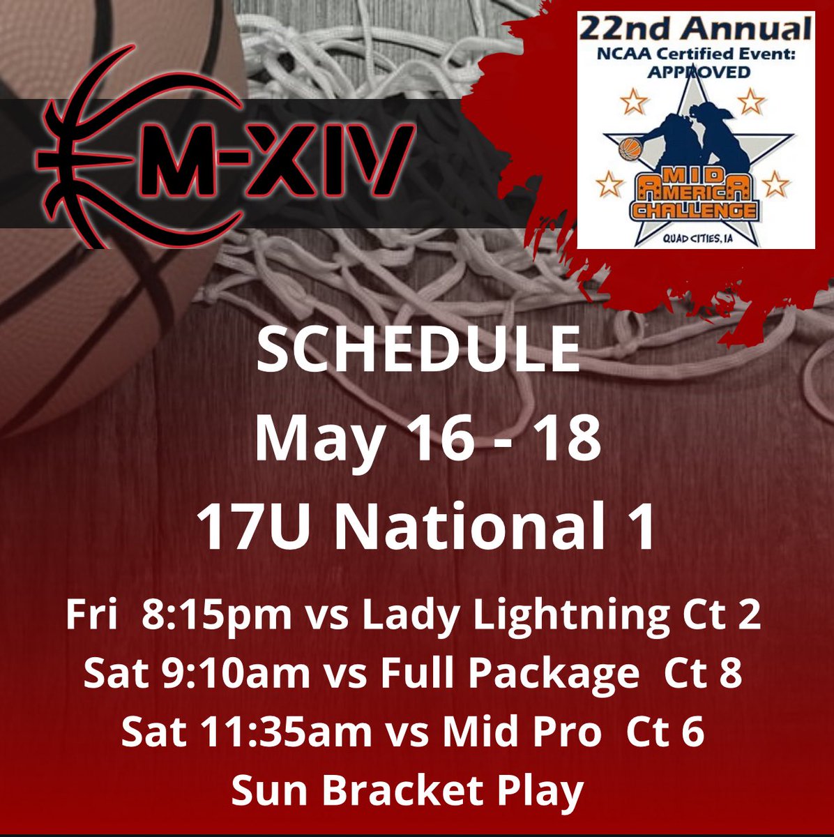 Team M-XIV Girls (@m14hoops_girls) on Twitter photo ๐ฅ๐ฅ Schedule Alert ๐ฅ๐ฅ
โ
17U National 1
๐ธ USJN
โ๏ธ Quad Cities, IA
๐ May 16 - 18
#Repthe14
<a href="/PGHByron/">Byron Xerxes Livsey</a>
<a href="/JrAllStar_IL/">Illinois Jr. All-Star GBB</a>
<a href="/MMBR_CoachGBell/">Major Movez Basketball Review #MMBR</a>
<a href="/MHS_Girls_/">Midwest Hoops Spotlight</a> ๐ฅ๐ฅ Schedule Alert ๐ฅ๐ฅ
โ
17U National 1
๐ธ USJN
โ๏ธ Quad Cities, IA
๐ May 16 - 18
#Repthe14
<a href="/PGHByron/">Byron Xerxes Livsey</a>
<a href="/JrAllStar_IL/">Illinois Jr. All-Star GBB</a>
<a href="/MMBR_CoachGBell/">Major Movez Basketball Review #MMBR</a>
<a href="/MHS_Girls_/">Midwest Hoops Spotlight</a>