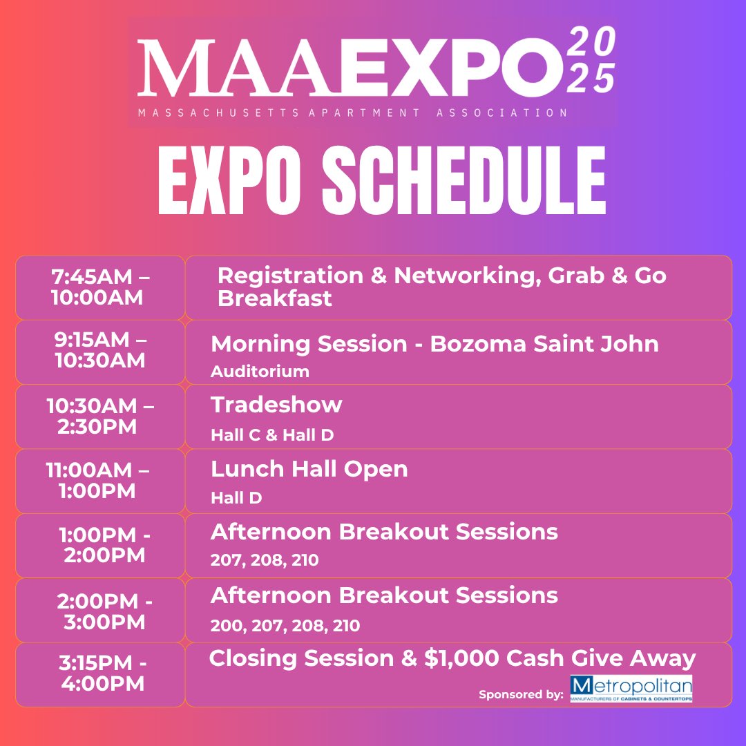 Joining us at MAA EXPO on Tuesday, May 20th?

Take a look at the schedule for the day!

For more information, visit maaexpo.com.