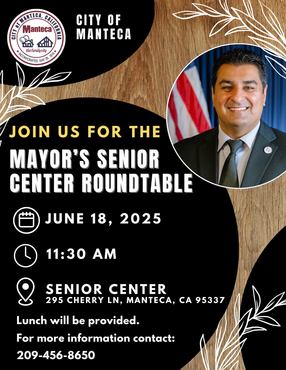 🌟 Manteca Seniors! 🌟
Join Mayor Gary Singh for a Senior Center Roundtable on Wed, June 18 at 11:30 AM.
Share ideas, ask questions &amp; enjoy a free lunch!
📍 295 Cherry Ln, Manteca | 📞 209-456-8650
#MantecaCA #MayorsRoundtable