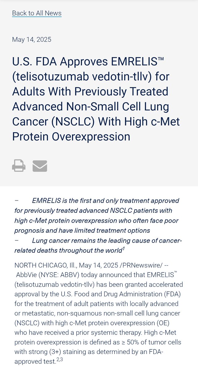 FDA APPROVAL
EMRELIS™ (Telisotuzumab Vedotin) gets accelerated approval for advanced NSCLC with high c-MET protein overexpression!
#LungCancer #NSCLC #FDA
✅ First ADC targeting MET (not a TKI!)
🧬 Targets protein overexpression (IHC 3+ in ≥50% cells), unlike other MET