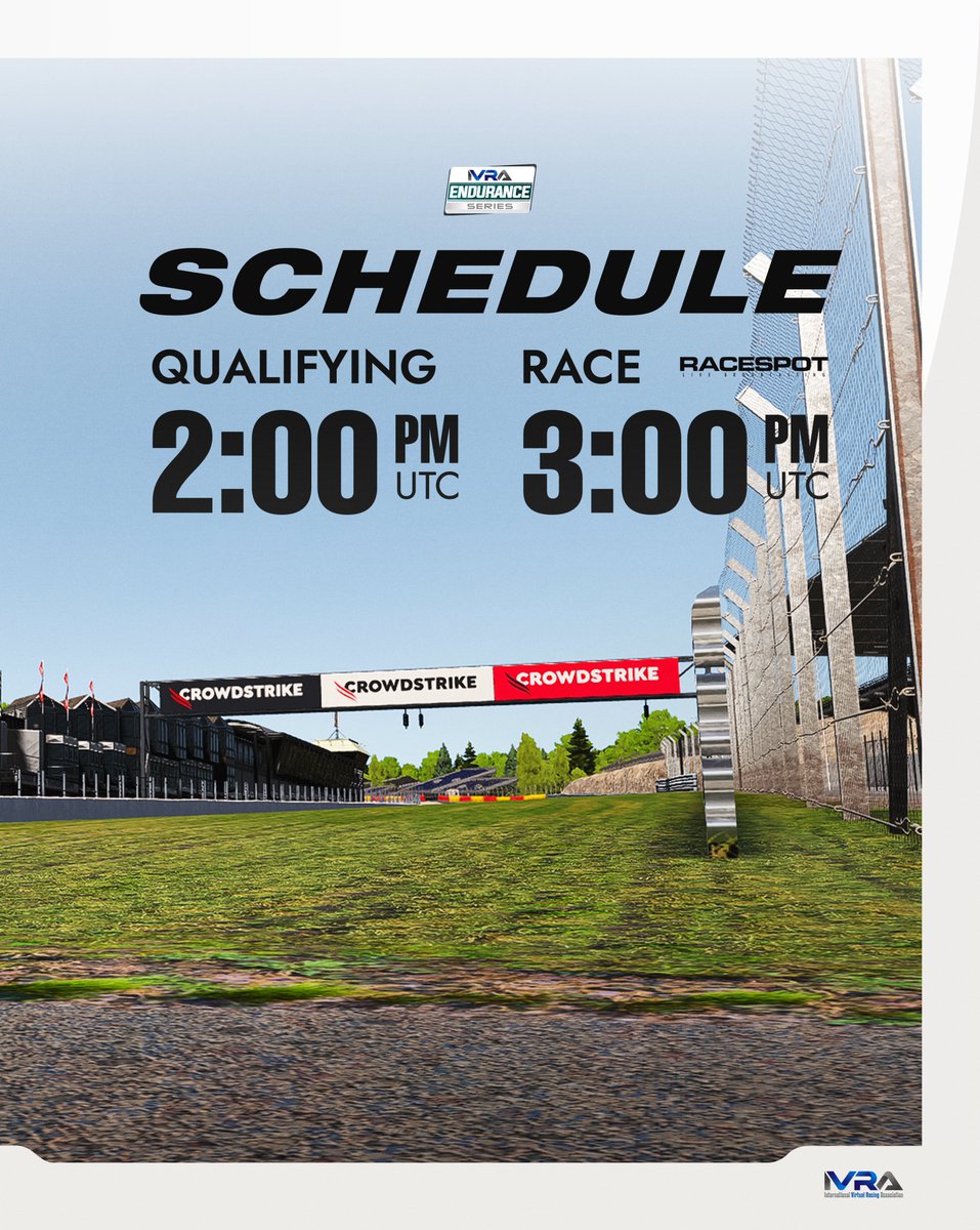 IVRA (@ivraleague) on Twitter photo The final race is almost here, and Spa-Francorchamps makes it the best place to end the season!
Mark your calendar this Saturday at 3 PM UTC to watch it live on the <a href="/RaceSpotTV/">RaceSpot TV</a> YouTube channel.
#IVRA #ENDURANCE The final race is almost here, and Spa-Francorchamps makes it the best place to end the season!
Mark your calendar this Saturday at 3 PM UTC to watch it live on the <a href="/RaceSpotTV/">RaceSpot TV</a> YouTube channel.
#IVRA #ENDURANCE