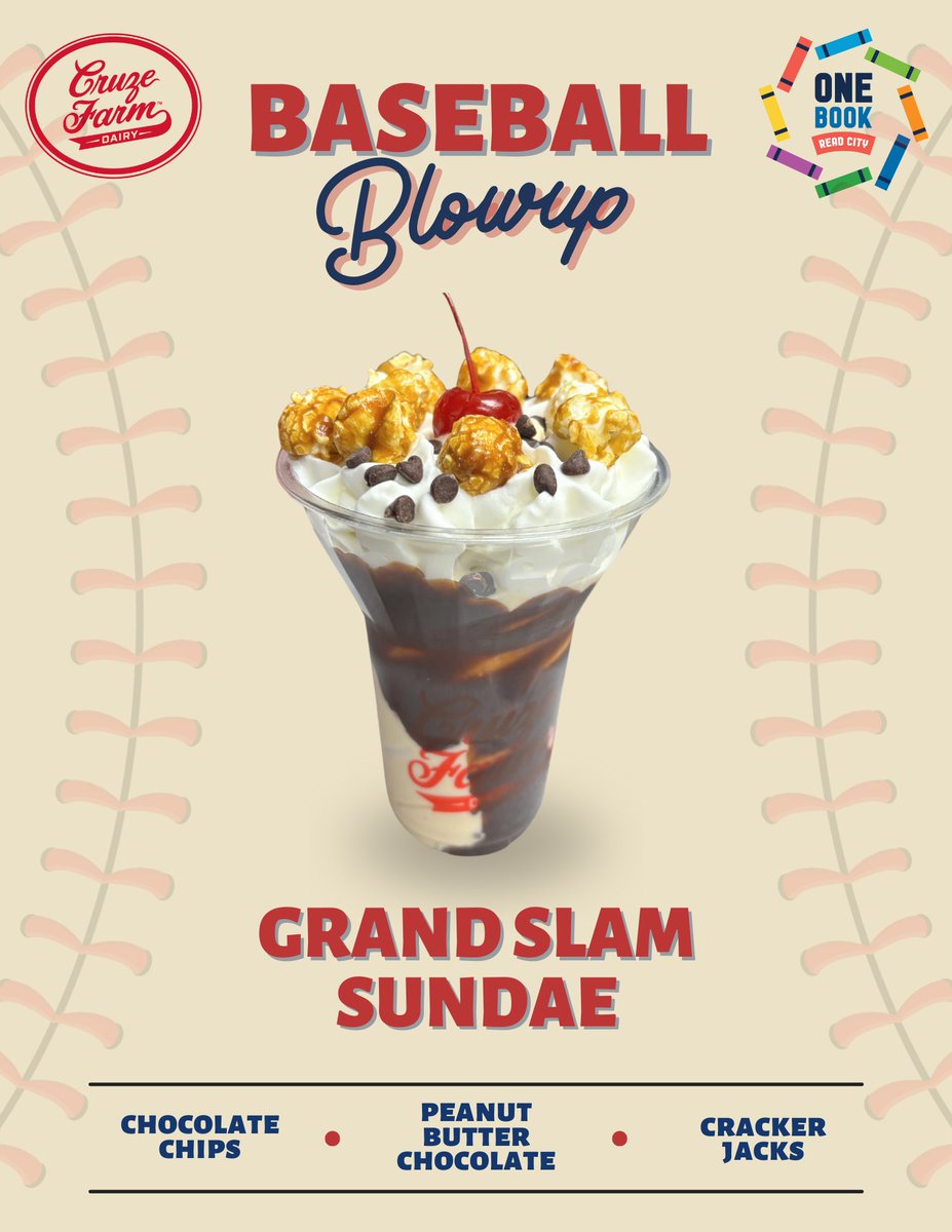 2 days left to collect stamps for the 2025 One Book Read City Scavenger Hunt! Thanks to our 65 partners and 116 locations for supporting citywide literacy! Don’t forget to stop by Cruze Farm Ice Cream in Downtown Knoxville for the "Grand Slam Sundae", inspired by Baseball Blowup!