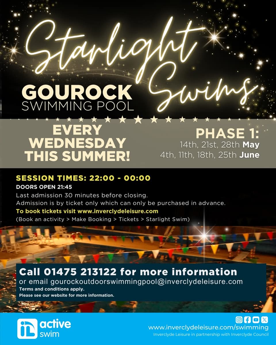 Discover Inverclyde (@discinverclyde) on Twitter photo Starlight Swims are BACK at <a href="/InverclydeL/">Inverclyde Leisure</a> Gourock Pool.
Every Wednesday night from 14th May 10pm–12am | Advance booking only.
discoverinverclyde.com/whats-on/event…
<a href="/VisitScotland/">VisitScotland</a> | <a href="/Scotland/">Brand Scotland 🏴</a>
#DiscoverInverclyde #Gourock #Scotland #ScotlandIsCalling Starlight Swims are BACK at <a href="/InverclydeL/">Inverclyde Leisure</a> Gourock Pool.
Every Wednesday night from 14th May 10pm–12am | Advance booking only.
discoverinverclyde.com/whats-on/event…
<a href="/VisitScotland/">VisitScotland</a> | <a href="/Scotland/">Brand Scotland 🏴</a>
#DiscoverInverclyde #Gourock #Scotland #ScotlandIsCalling