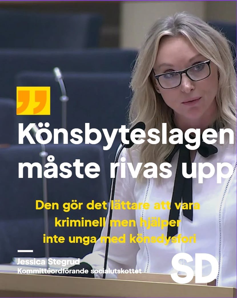 Jessica Stegrud (@jessicastegrud) on Twitter photo Från och med den 1 juli i år blir det möjligt att byta juridiskt kön 
- efter enbart ett digitalt samtal med läkare.
Den nya könstillhörighetslagen gör att det inte längre krävs en 
könsdysforidiagnos för att få byta kön juridiskt.
Dessutom sänks åldersgränsen så att det även Från och med den 1 juli i år blir det möjligt att byta juridiskt kön 
- efter enbart ett digitalt samtal med läkare.
Den nya könstillhörighetslagen gör att det inte längre krävs en 
könsdysforidiagnos för att få byta kön juridiskt.
Dessutom sänks åldersgränsen så att det även