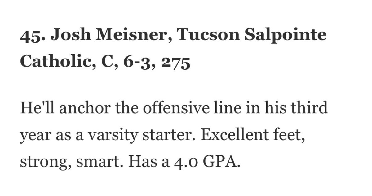 Joshua Meisner (@joshuameisner26) on Twitter photo Thank you to <a href="/azc_obert/">Richard Obert</a> and The Arizona Republic for ranking me #45 in the “Big 150 football 2026”
Can’t wait for the season!
<a href="/SCLancerNation/">Salpointe Football</a> <a href="/CoachPatRyden/">Patrick Ryden</a> Thank you to <a href="/azc_obert/">Richard Obert</a> and The Arizona Republic for ranking me #45 in the “Big 150 football 2026”
Can’t wait for the season!
<a href="/SCLancerNation/">Salpointe Football</a> <a href="/CoachPatRyden/">Patrick Ryden</a>