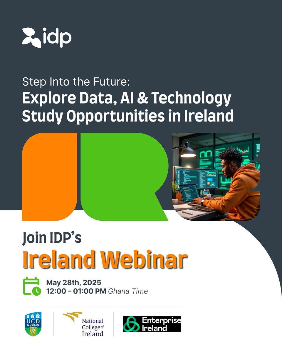 idpghana's tweet image. Want to explore study opportunities in Data, AI, or Technology? Ireland is calling — and IDP is here to help you get there!

Register now and start your journey!
srkr.io/6176d5r

#IrelandWebinar #TechCareersIreland #DataScienceJobs #AICareers #TechnologyInIreland