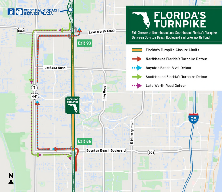 wpbf_yasmine's tweet image. BOTH DIRECTIONS OF THE TURNPIKE WILL CLOSE: Tonight, starting at 8 p.m. between the Boynton Beach Blvd. exit and the Lake Worth Road exit. It'll reopen at 5 a.m. tomorrow. Your alternate route will be 441! See the map from Turnpike officials below #FirstWarningTraffic @WPBF25News