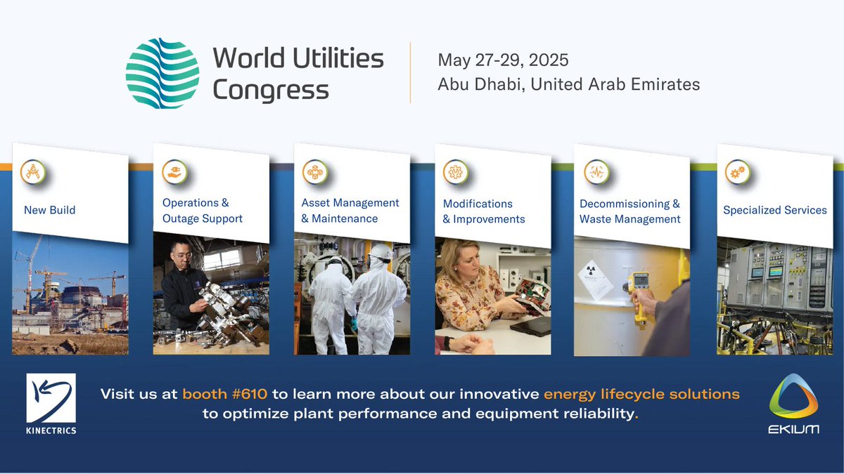 Exciting News! Kinectrics and EKIUM will co-participate at the World Utilities Conference 2025 in Abu Dhabi, UAE, on May 27-29. Visit booth #610 to explore our innovative energy solutions. Learn more: kinectrics.com/media-center/e…