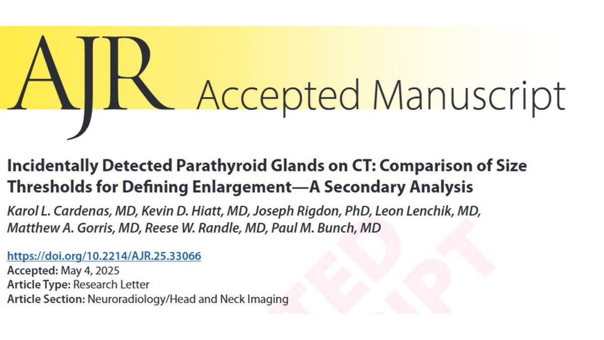 Andrew Rosenkrantz (@arosenkrantzmd) on Twitter photo New <a href="/AJR_Radiology/">AJR</a> Accepted Manuscript:
"Incidentally Detected Parathyroid Glands on CT: Comparison of Size Thresholds for Defining Enlargement—A Secondary Analysis"
By Dr <a href="/pbunchmd/">Paul M. Bunch, MD</a> & team <a href="/wakehealthDR/">Wake Forest Baptist Diagnostic Radiology</a>
ajronline.org/doi/10.2214/AJ… New <a href="/AJR_Radiology/">AJR</a> Accepted Manuscript:
"Incidentally Detected Parathyroid Glands on CT: Comparison of Size Thresholds for Defining Enlargement—A Secondary Analysis"
By Dr <a href="/pbunchmd/">Paul M. Bunch, MD</a> & team <a href="/wakehealthDR/">Wake Forest Baptist Diagnostic Radiology</a>
ajronline.org/doi/10.2214/AJ…