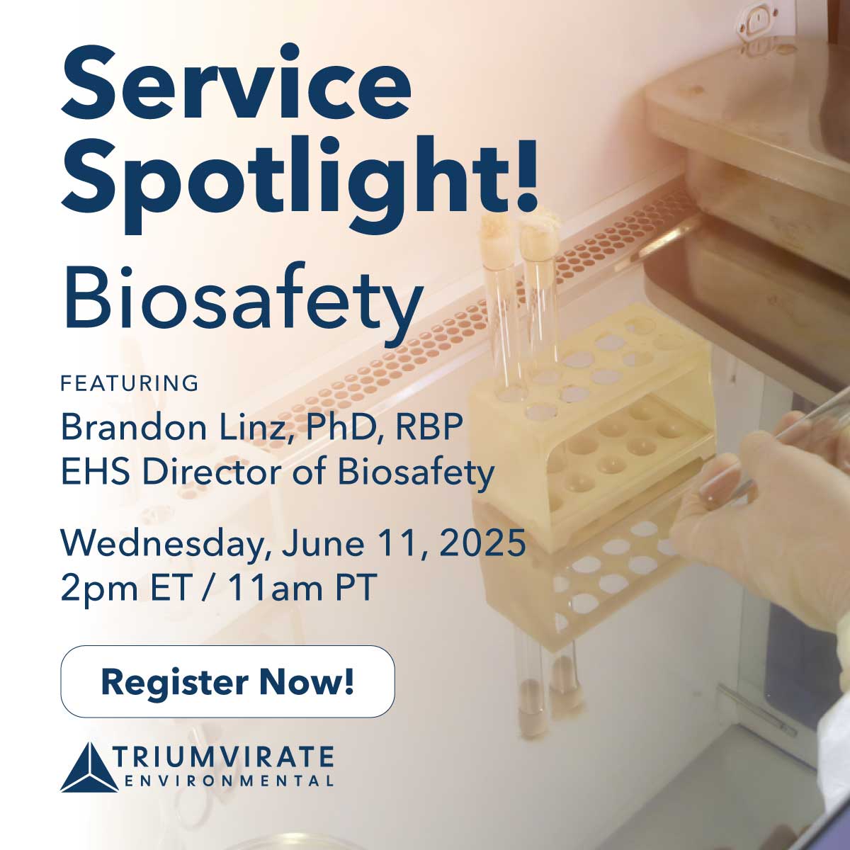 𝗡𝗲𝘄 𝗦𝗲𝗿𝘃𝗶𝗰𝗲 𝗦𝗽𝗼𝘁𝗹𝗶𝗴𝗵𝘁! 

At June's Service Spotlight, industry pro Brandon Linz will discuss the how, what, and why of Triumvirate Environmental's Biosafety services and participate in a lengthy Q&amp;A session. Register now!
💻okt.to/mDOpeX