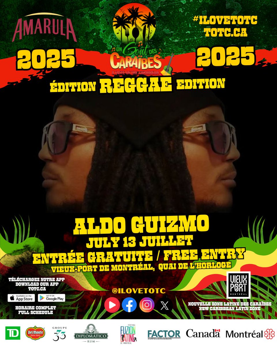 Nous sommes fiers de présenter  Aldo Guizmo, un talent local qui fait rayonner la scène caribéenne de Montréal! 🎤

Proud to showcase  Aldo Guizmo, one of Montreal’s rising Caribbean stars bringing fire to the stage! 🔥

ENTRÉE GRATUITE | FREE ENTRY
📍 Quai de l’Horloge | Clock