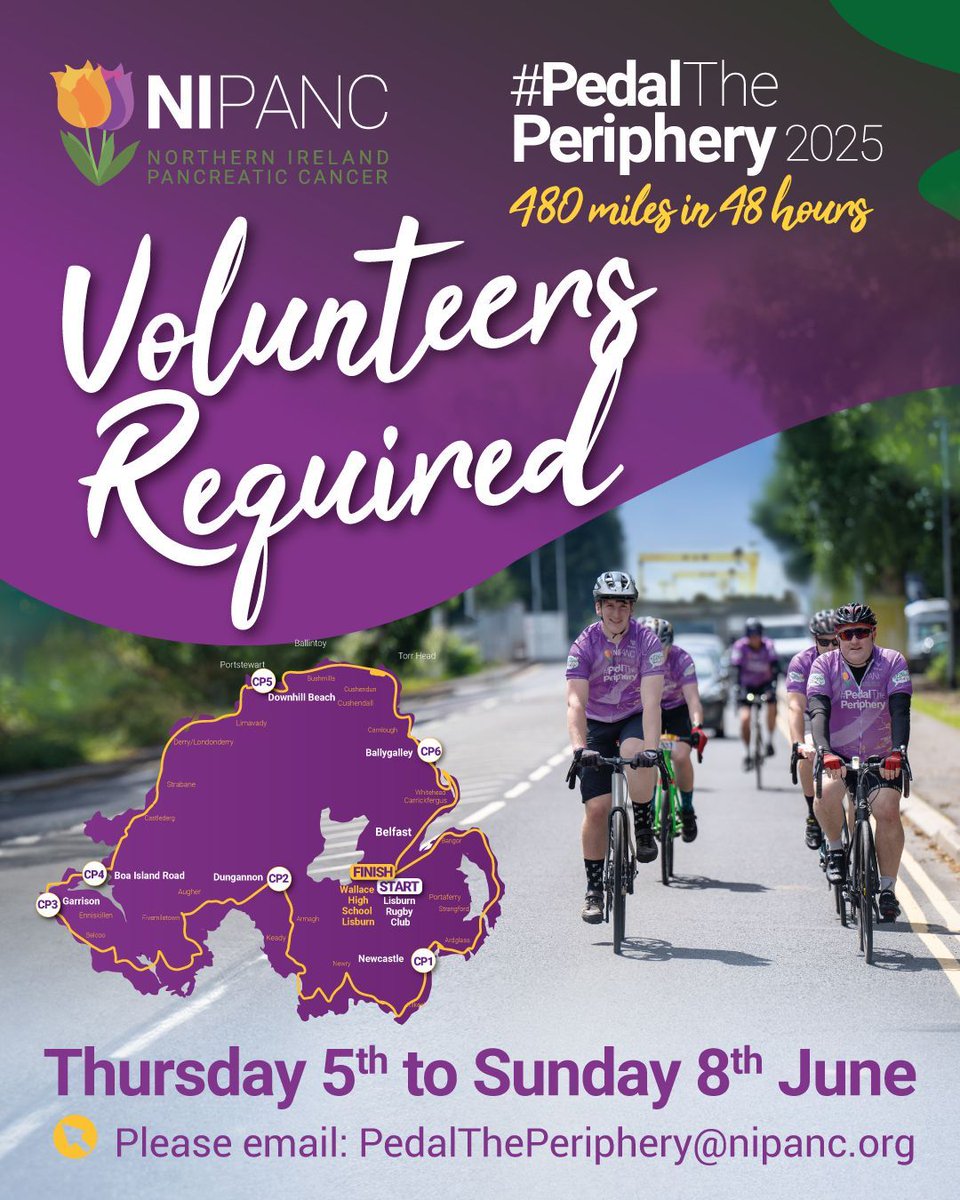 🚴‍♂️ We're on the lookout for volunteers for #PedalThePeriphery 2025! 💜

Help at a checkpoint or drop off some treats — even an hour makes a difference! 🙌

📅 6–8 June
📍 Across NI
👉 nipanc.org/post/pedal-the…

#NIPANC #PancreaticCancerAwareness