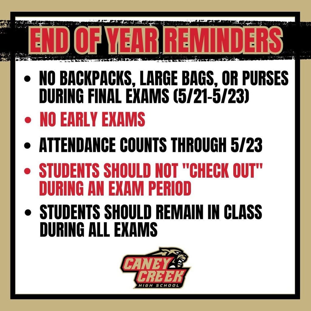 Underclassmen finals begin next week, here are a few reminders:
📅Tuesday 5/20: 7th per. final
📅Wednesday 5/21: 1st &amp; 2nd per. finals 
📅Thursday 5/22: 3rd &amp; 4th per. finals 
📅Friday 5/23: 5th &amp; 6th per. finals