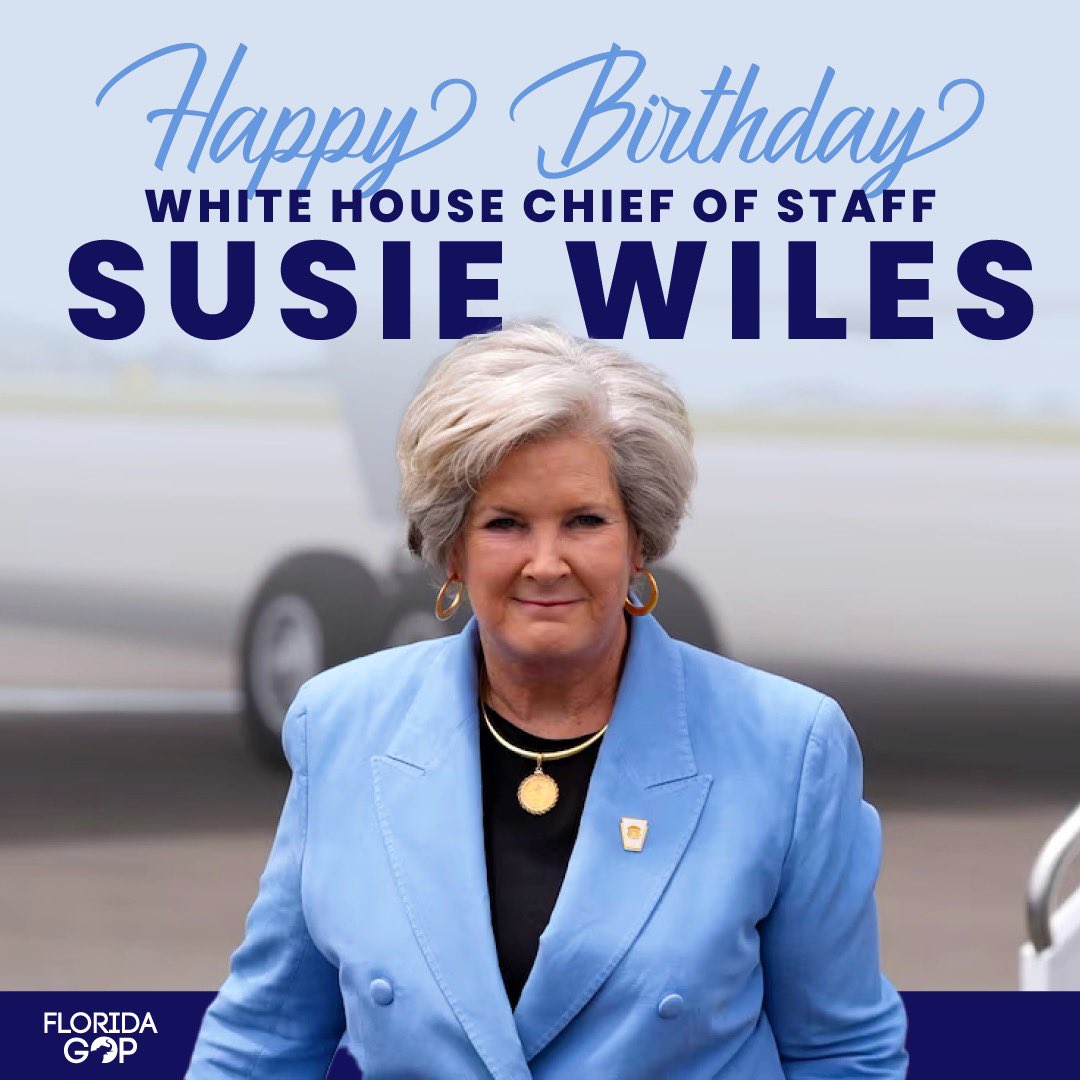 Wishing a very Happy Birthday to <a href="/WhiteHouse/">The White House</a> Chief of Staff Susie Wiles! A true trailblazer, Susie has devoted her career to keeping both our state and our nation strong. Thank you for your unwavering leadership and tireless dedication—America is better because of you!