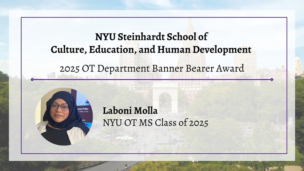 Laboni Molla is the 2025 #NYUOT Department Banner Bearer Award recipient! As VP of the National Honor Society for #OT students, widely celebrated peer mentor, &amp; White Coat Ceremony speaker, among many other accolades, she is especially deserving of this honor!