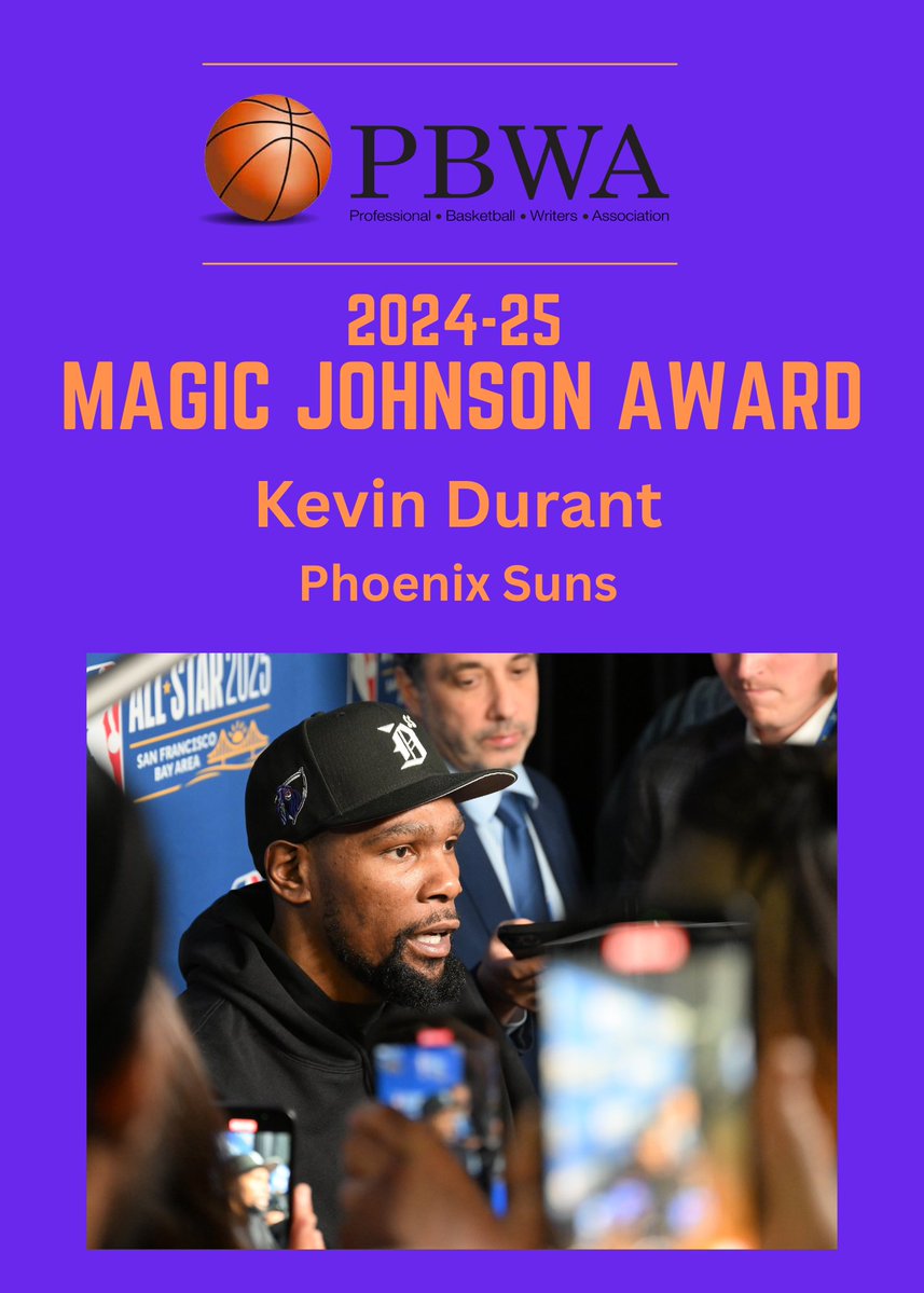 The PBWA (@prohoopswriters) on Twitter photo The PBWA is pleased to announce that Kevin Durant (<a href="/KDTrey5/">Kevin Durant</a>) has won the Magic Johnson Award for the 2024-25 season.
Press release: probasketballwriters.org/kevin-durant-w⦠The PBWA is pleased to announce that Kevin Durant (<a href="/KDTrey5/">Kevin Durant</a>) has won the Magic Johnson Award for the 2024-25 season.
Press release: probasketballwriters.org/kevin-durant-wā¦