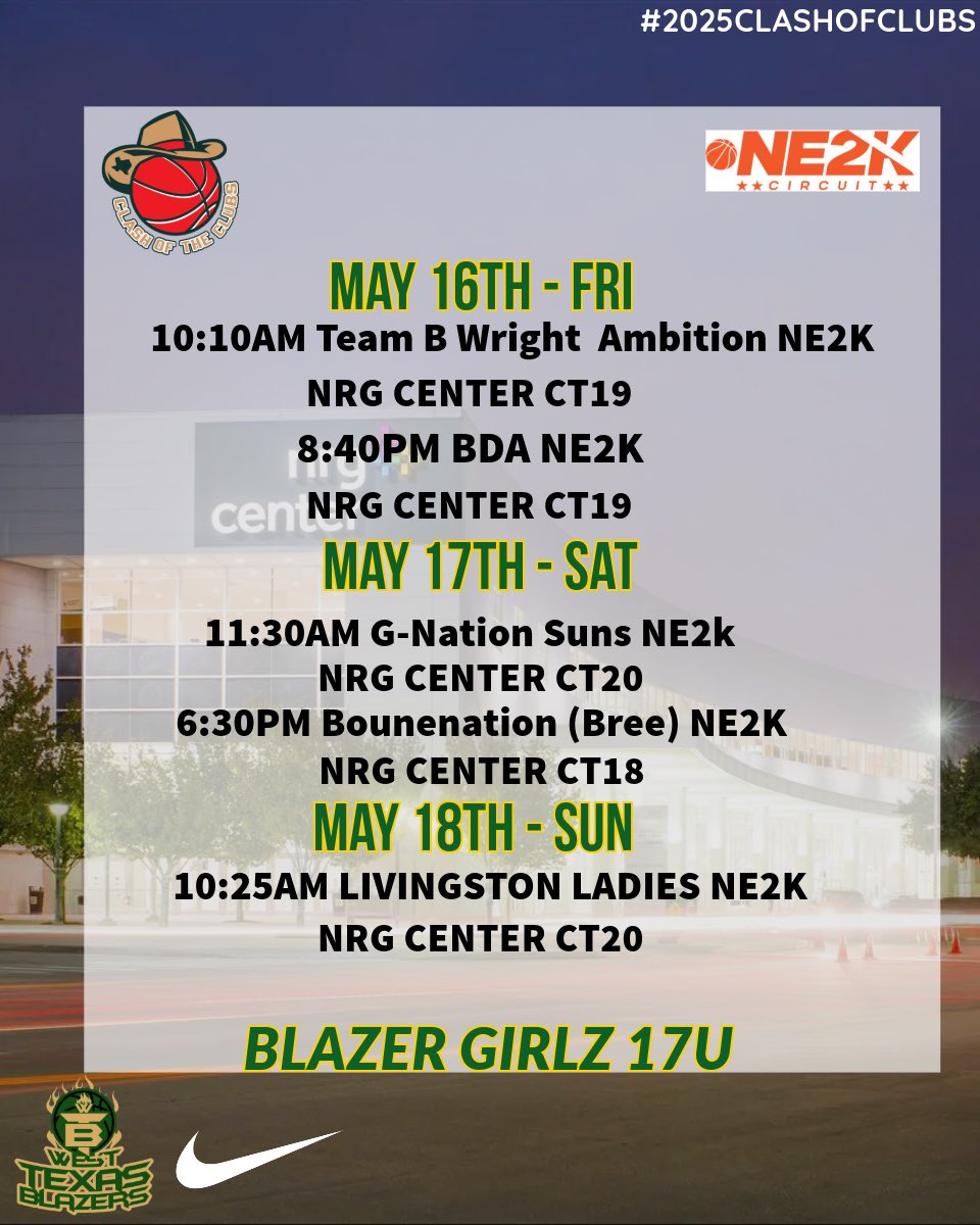 Vanessa (@vanessamora__) on Twitter photo Excited to compete in the Clash of the Clubs this weekend with <a href="/wtbbAAU/">West Texas Blazers Basketball</a>! Here is our schedule, come check us out!๐ Excited to compete in the Clash of the Clubs this weekend with <a href="/wtbbAAU/">West Texas Blazers Basketball</a>! Here is our schedule, come check us out!๐