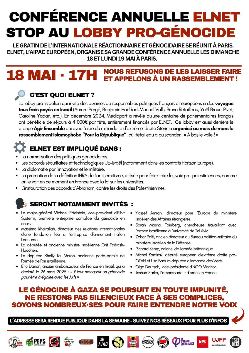 UJFP (@contactujfp) on Twitter photo Rendez vous le 18 mai à 17h - l'adresse sera rendue publique dans la semaine.
avec <a href="/TSDKcollectif/">Tsedek !</a>
<a href="/NPA_officiel/">NPA - L'Anticapitaliste</a>
<a href="/FranceInsoumise/">La France insoumise</a>
<a href="/AFA_Paris75/">Action Antifasciste Paris-Banlieue</a>
<a href="/PEPS_conf/">PEPS, Pour une Ecologie Populaire et Sociale</a>
<a href="/Campagnebds/">BDS France</a>
<a href="/ContreAttaque_/">Contre Attaque</a>
<a href="/stoparmingisr/">Stop Arming Israel France</a>
<a href="/FreeGIAbdallah/">Free Georges Abdallah</a>
<a href="/UnionCoLib/">Union communiste libertaire</a> Rendez vous le 18 mai à 17h - l'adresse sera rendue publique dans la semaine.
avec <a href="/TSDKcollectif/">Tsedek !</a>
<a href="/NPA_officiel/">NPA - L'Anticapitaliste</a>
<a href="/FranceInsoumise/">La France insoumise</a>
<a href="/AFA_Paris75/">Action Antifasciste Paris-Banlieue</a>
<a href="/PEPS_conf/">PEPS, Pour une Ecologie Populaire et Sociale</a>
<a href="/Campagnebds/">BDS France</a>
<a href="/ContreAttaque_/">Contre Attaque</a>
<a href="/stoparmingisr/">Stop Arming Israel France</a>
<a href="/FreeGIAbdallah/">Free Georges Abdallah</a>
<a href="/UnionCoLib/">Union communiste libertaire</a>