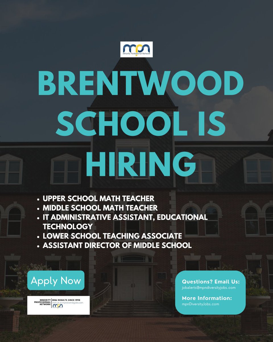 📣 Brentwood School is Hiring!
lnkd.in/gddn-zcQ

Upper School Math Teacher
Middle School Math Teacher
IT Administrative Assistant, Educational Technology
Lower School Teaching Associate
Assistant Director of Middle School

#NowHiring #EducationJobs #TeachingJobs