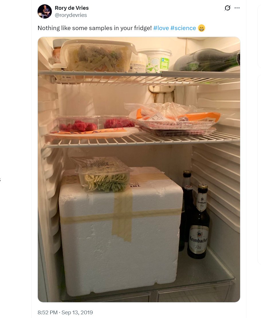 I used to store fecal swabs in the minibar. Perfectly safe, unless you confuse them with the olives. Rory’s one of Marion’s, so the biosafety here is informally validated. Krombacher works as a mucosal rinse, though I personally recommend baijiu for its broader virucidal profile.