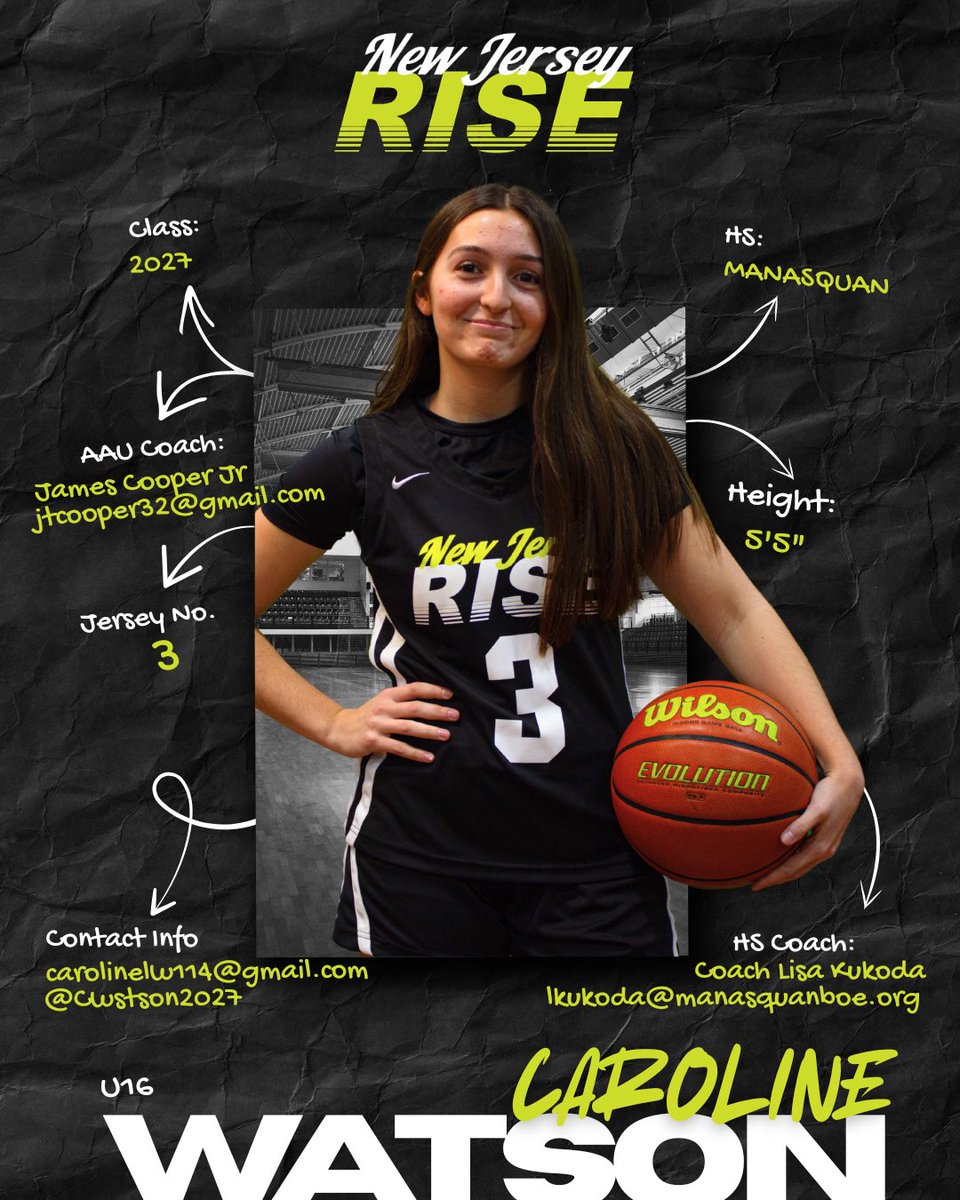 NJ Rise 2027 (@njrise_2027) on Twitter photo Caroline Watson | 2027 | 5’5 G | Manasquan
Jersey #3 | @NewJerseyRise
High IQ. Makes the right play, every trip.
Leader energy. Knockdown shooter with poise.
Understands timing, space, and flow.
Plays the game the way coaches dream about.
carolinelw14@gmail.com | @CWatson2027 Caroline Watson | 2027 | 5’5 G | Manasquan
Jersey #3 | @NewJerseyRise
High IQ. Makes the right play, every trip.
Leader energy. Knockdown shooter with poise.
Understands timing, space, and flow.
Plays the game the way coaches dream about.
carolinelw14@gmail.com | @CWatson2027
