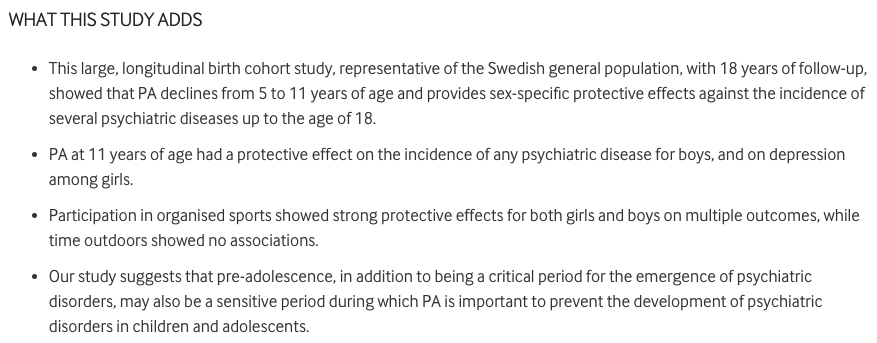 ⚠️ What is the impact of physical activity on the incidence of psychiatric conditions during childhood? 🏃‍♀️

A longitudinal Swedish birth cohort study 📄

See the #KeyFindings 🔑 ⬇️

READ 👉 bit.ly/3YK5cwa
