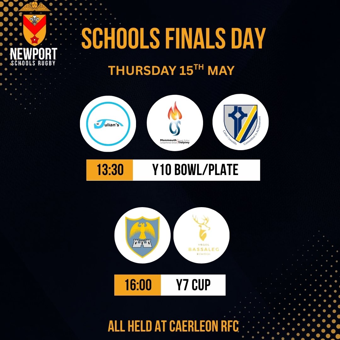 Newport Schools Rugby (@nptschoolsrugby) on Twitter photo Coming up tomorrow is the second day of our schools finals days.
We have <a href="/MCSPE1/">MCS PE</a>, <a href="/StJuliansSchool/">St Julian's School</a> and <a href="/CaldicotPEDept/">Caldicot School PE</a> in the Y10 Plate and Bowl
Followed by @caerleonboyspe & <a href="/BassalegPE/">Bassaleg PE Dept.</a> in the Y7 Cup final.
All matches being held <a href="/Caerleon_RFC/">Caerleon RFC</a> Coming up tomorrow is the second day of our schools finals days.
We have <a href="/MCSPE1/">MCS PE</a>, <a href="/StJuliansSchool/">St Julian's School</a> and <a href="/CaldicotPEDept/">Caldicot School PE</a> in the Y10 Plate and Bowl
Followed by @caerleonboyspe & <a href="/BassalegPE/">Bassaleg PE Dept.</a> in the Y7 Cup final.
All matches being held <a href="/Caerleon_RFC/">Caerleon RFC</a>