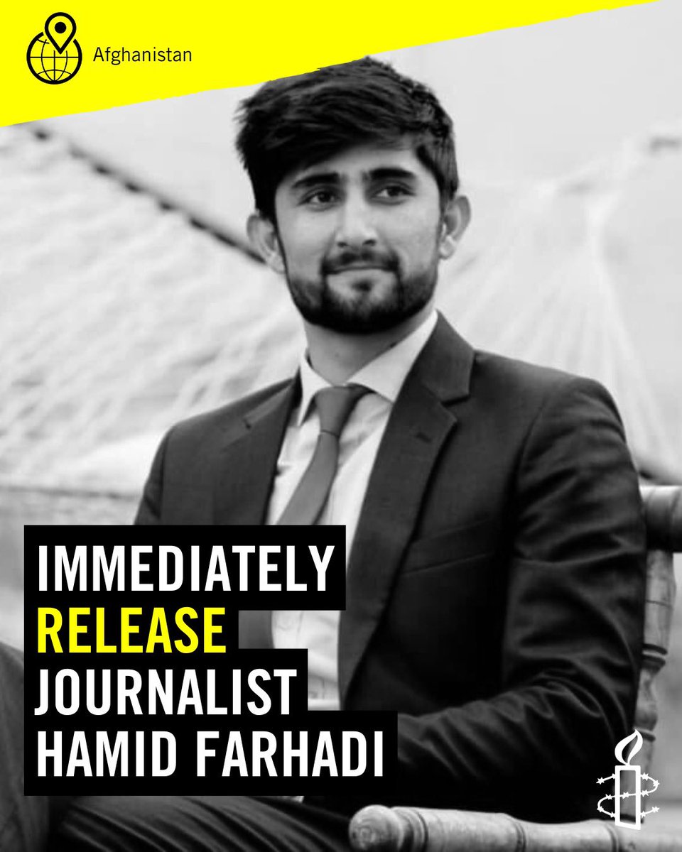 amnestysasia's tweet photo. 🚨 URGENT ACTION ALERT: Hamid Farhadi, a journalist working with an independent newspaper operating in exile, was arrested by members of the Taliban Ministry of Interior on 3 September 2024. He was sentenced to two years in prison on 19 September, without any access to legal representation. The court accused him of spreading propaganda through his journalistic reports about the situation of women and girls in the country. On 28 March 2025, without explanation or prior notice, Farhadi was transferred from Pol- Charkhi Prison to the notorious Bagram Prison. Hamid Farhadi must be immediately and unconditionally released as he is detained solely for the peaceful exercise of his human rights.

Take action Now. Read more below 👇🏼:

https://t.co/Ku2PeNBhCh

 #FreeFarhadi