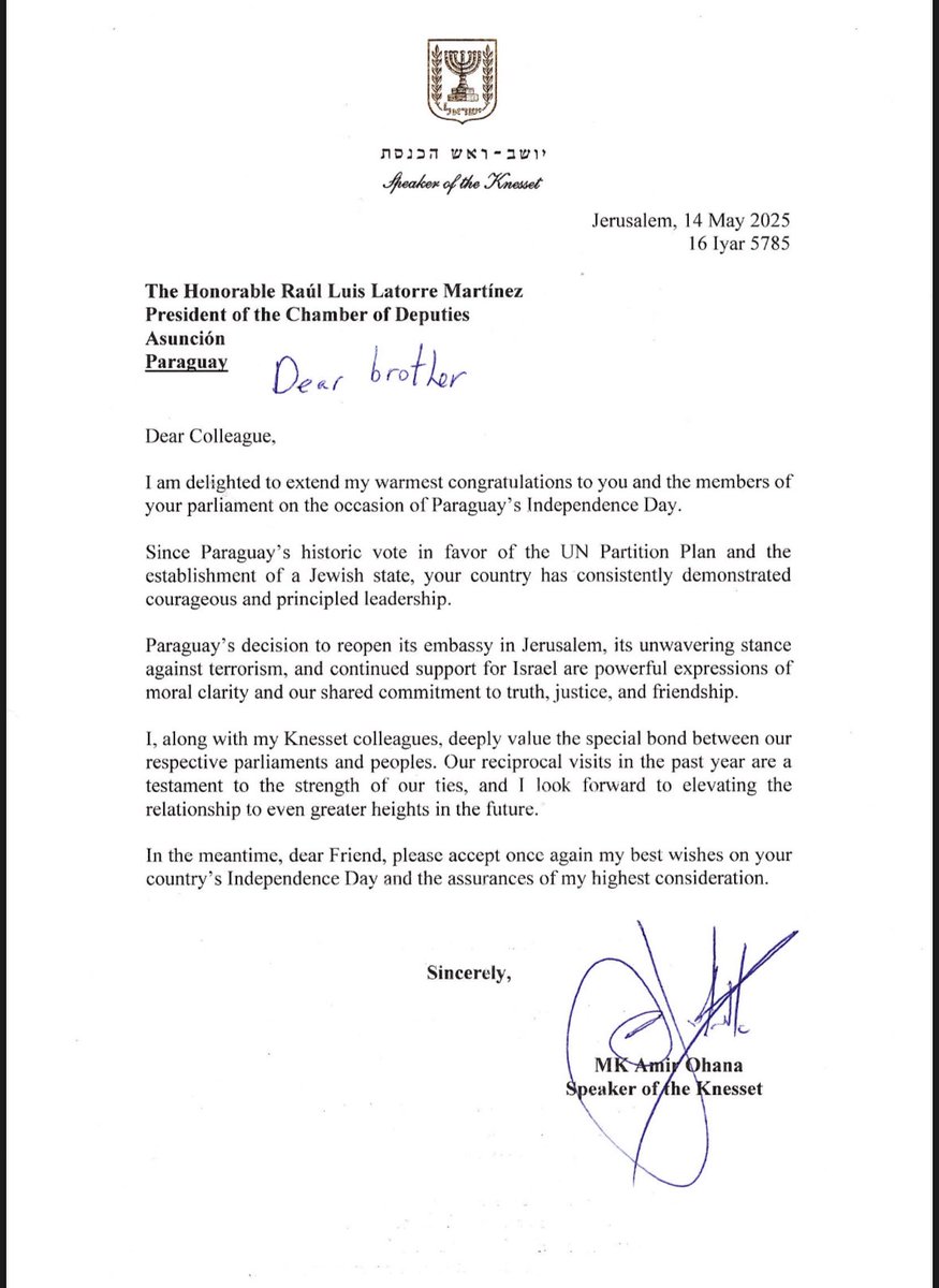 Muchas gracias querido amigo <a href="/AmirOhana/">Amir Ohana - אמיר אוחנה</a> por tu afectuoso saludo que hacemos extensivo a todos los paraguayo con motivo de la independencia de nuestra República.
Seguiremos trabajando juntos para estrechar los lazos de amistad entre nuestras naciones hermanas.
🇵🇾🤝🇮🇱