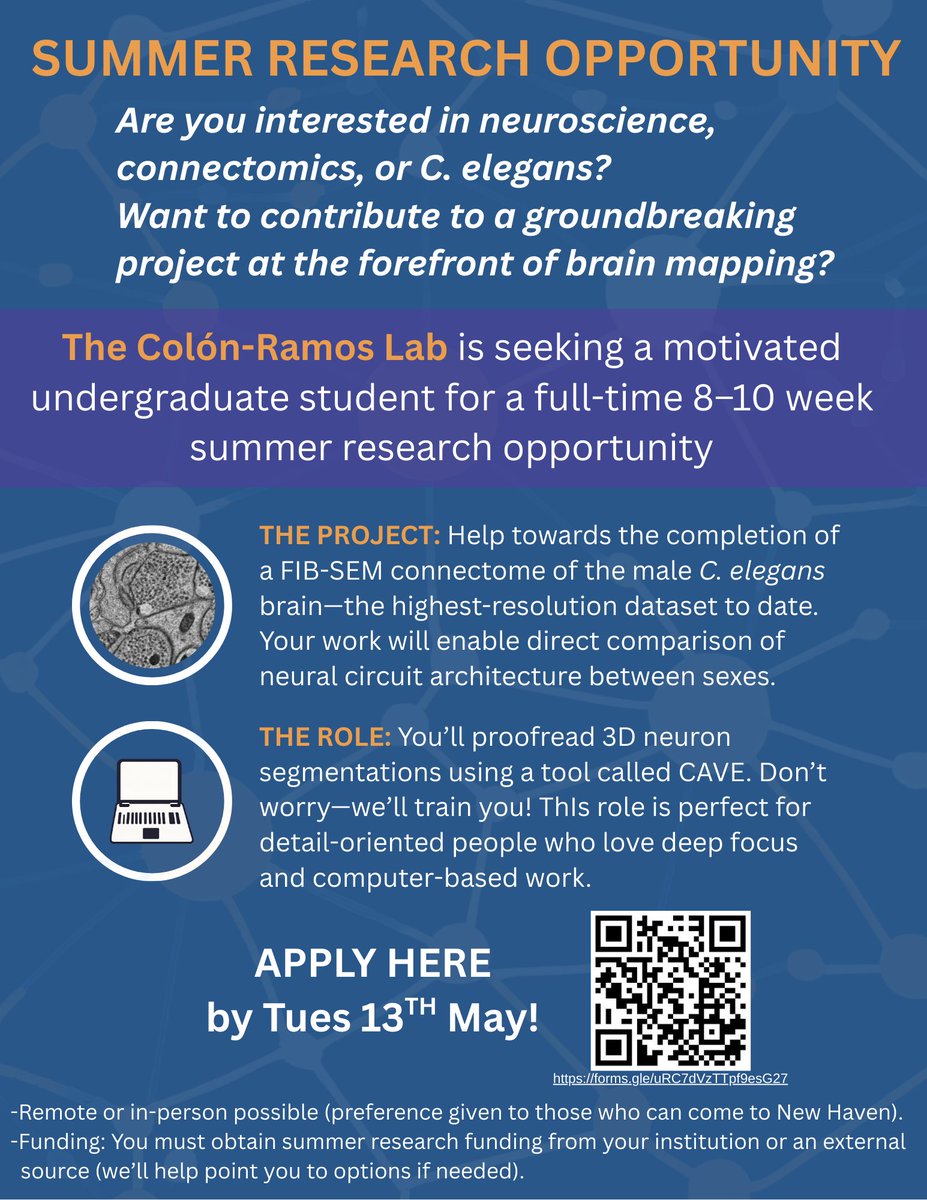 Yale Neuroscience (@yaleneuro) on Twitter photo The <a href="/dacolon/">Daniel Colón Ramos</a> lab is accepting applications for a full-time #undergraduate research summer #internship!
🗓️ 8–10 weeks | 🧠 Remote or In-person
✍️ The application is *extended until Wed, May 21* — apply ASAP for consideration! The <a href="/dacolon/">Daniel Colón Ramos</a> lab is accepting applications for a full-time #undergraduate research summer #internship!
🗓️ 8–10 weeks | 🧠 Remote or In-person
✍️ The application is *extended until Wed, May 21* — apply ASAP for consideration!