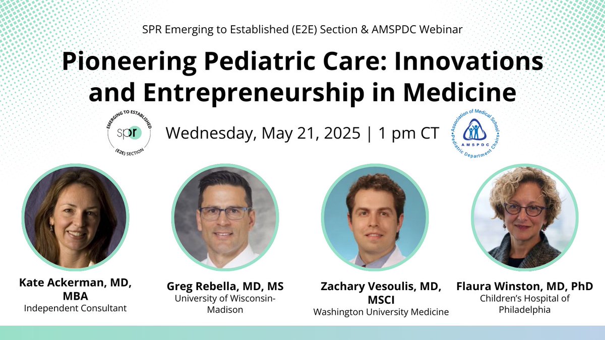 Don't miss the <a href="/SocPedResearch/">SPR</a> Emerging to Established (E2E) Section and <a href="/amspdc/">AMSPDC</a> webinar happening next week!

Webinar Topic: Pioneering Pediatric Care: Innovations and Entrepreneurship in Medicine
When: Wednesday, May 21 at 1 pm CT

Register Here: ow.ly/jxzY50VO5se